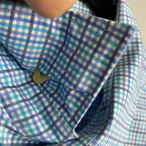 MICHAEL Michael Kors Mens Blue Micro Plaid Dress Shirt Non Iron Long Sleeve 16.5 - Picture 5 of 14